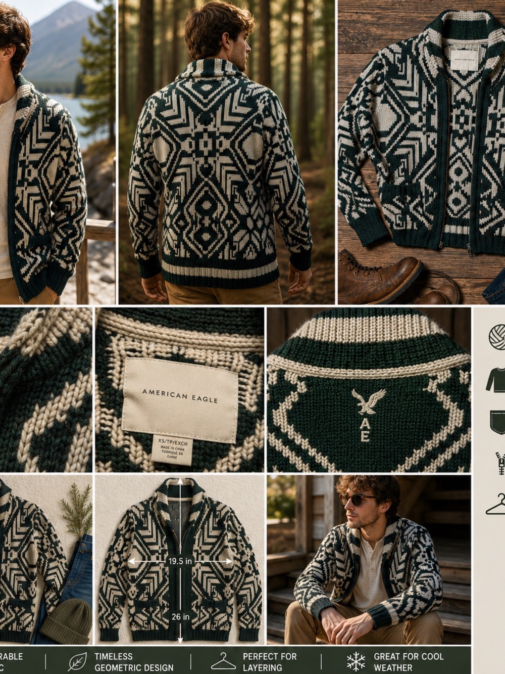 American Eagle Small Heavy Knit Zip Cardigan Green Cream Geometric Shawl Collar